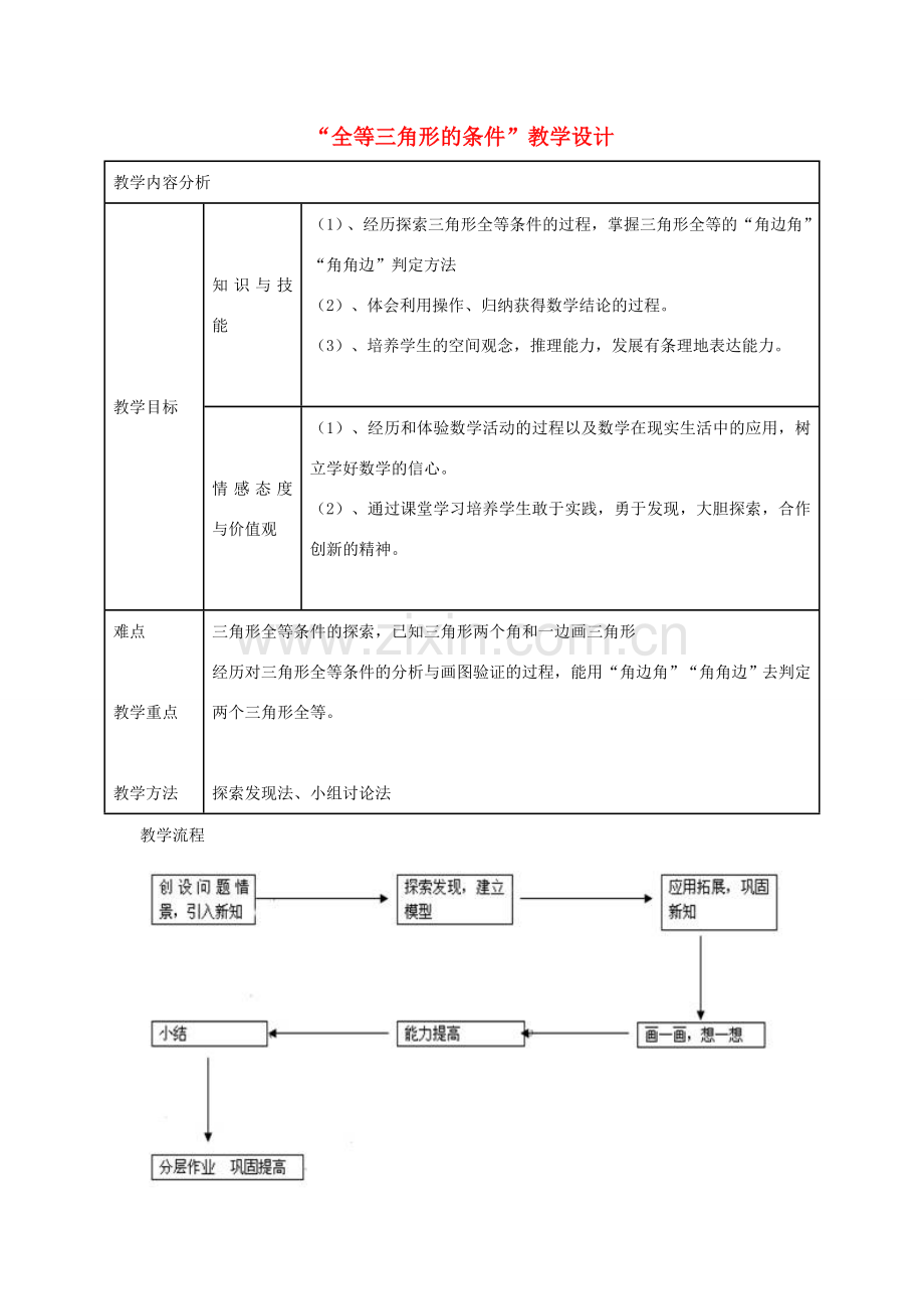 八年级数学“全等三角形的条件”教学设计 新人教版.doc_第1页