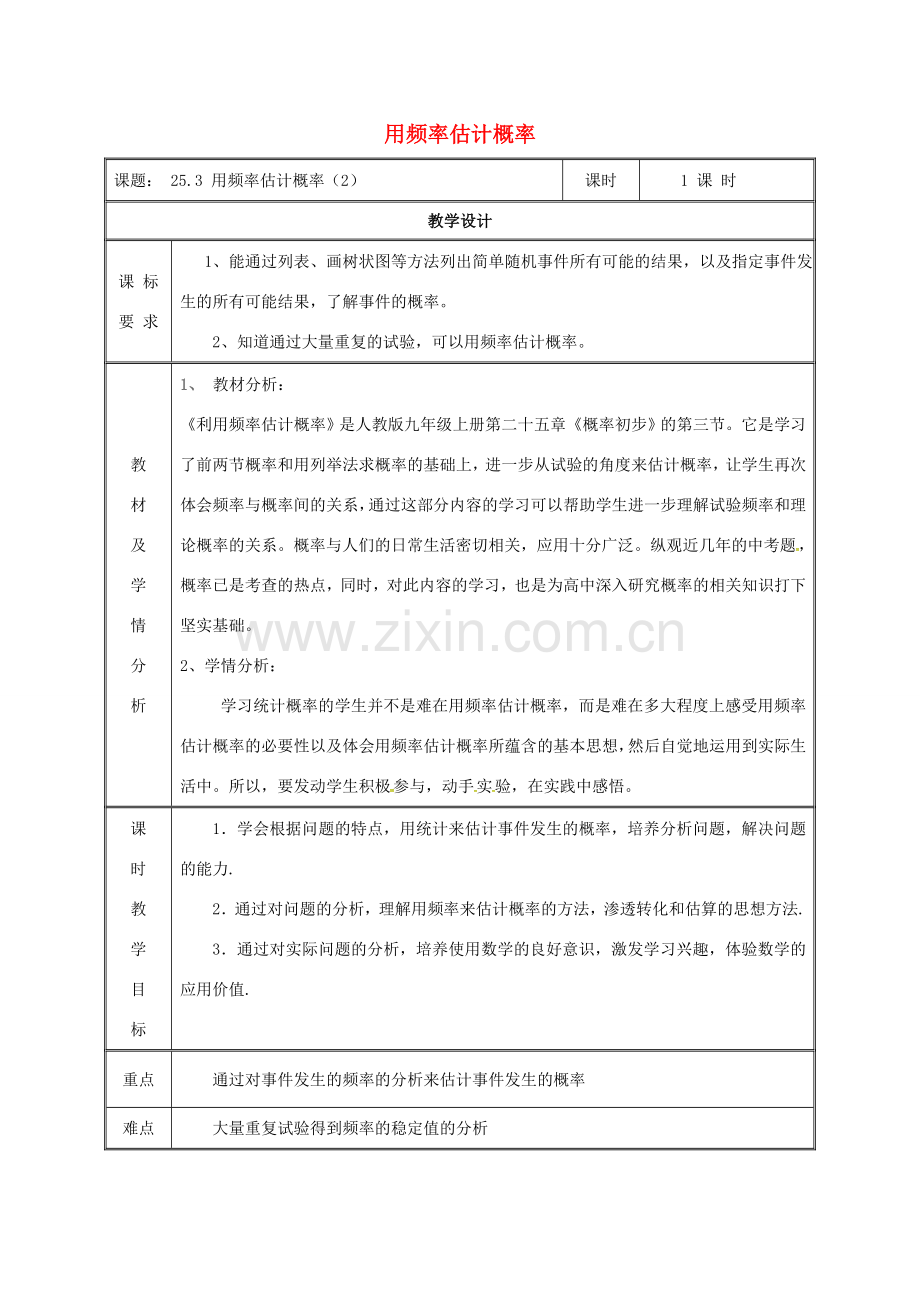 湖南省益阳市资阳区迎丰桥镇九年级数学上册 第二十五章 概率初步 25.3 用频率估计概率（2）教案 （新版）新人教版-（新版）新人教版初中九年级上册数学教案.doc_第1页