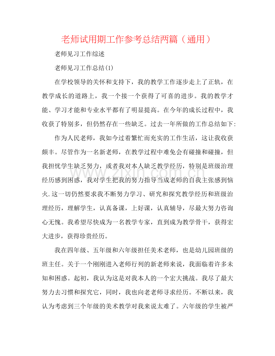 教师试用期工作参考总结两篇（通用）.docx_第1页