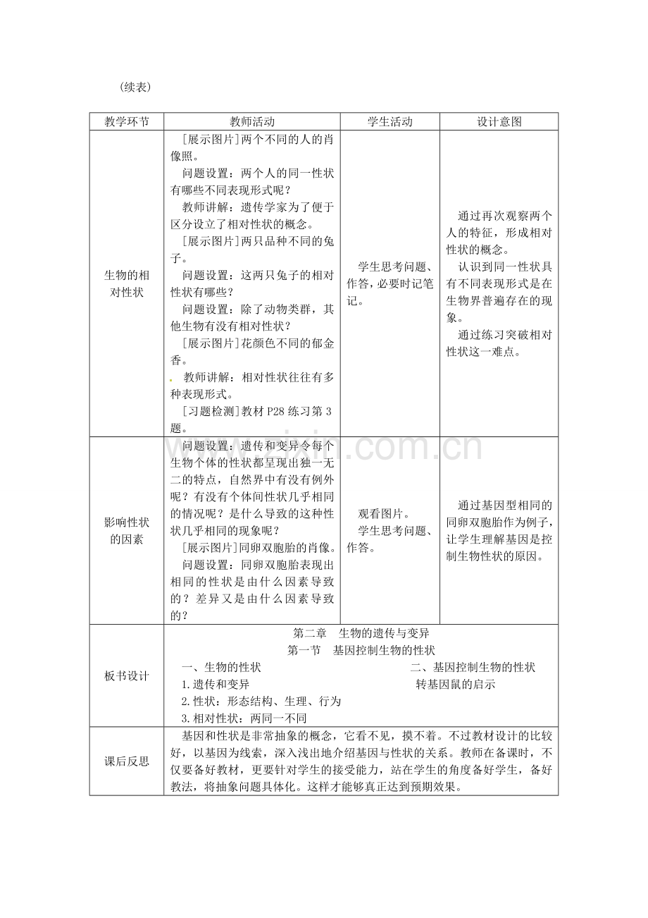 八年级生物下册 7.2.1基因控制生物的性状授课典案 （新版）新人教版-（新版）新人教版初中八年级下册生物教案.doc_第3页