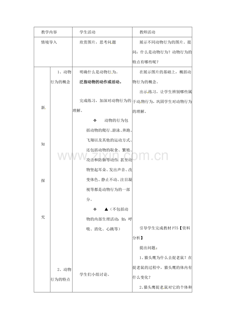 八年级生物上册 4.2.1 动物行为的特点教学设计 （新版）冀教版-（新版）冀教版初中八年级上册生物教案.doc_第2页