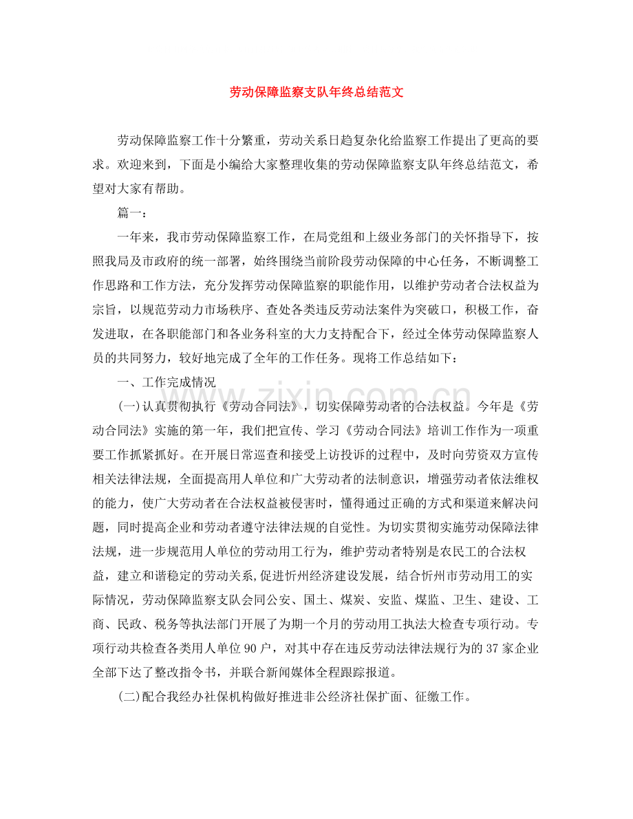 劳动保障监察支队年终总结范文.docx_第1页