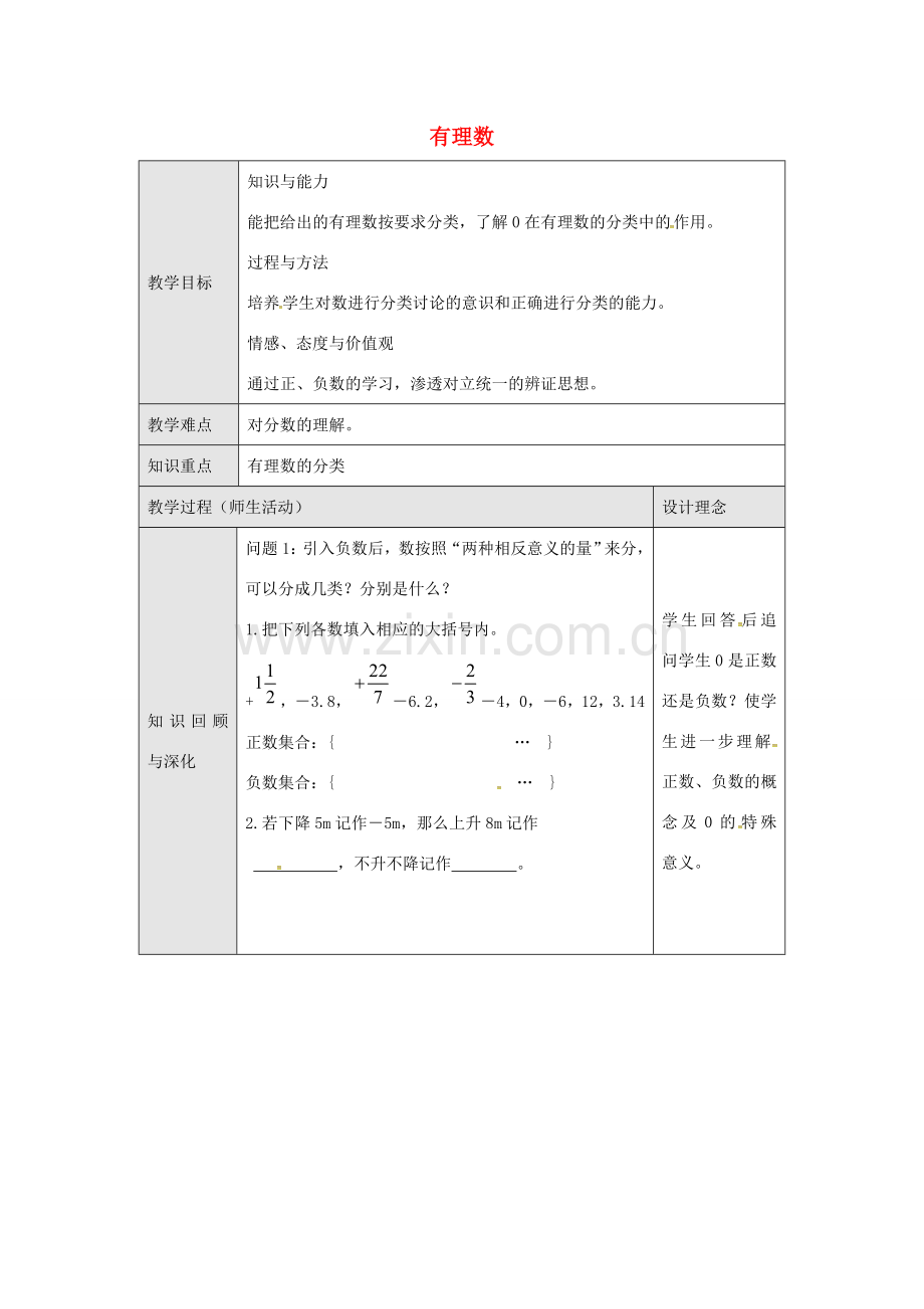 七年级数学上册 第1章 有理数 1.1 正数和负数 1.1.2 有理数教案 （新版）沪科版-（新版）沪科版初中七年级上册数学教案.doc_第1页