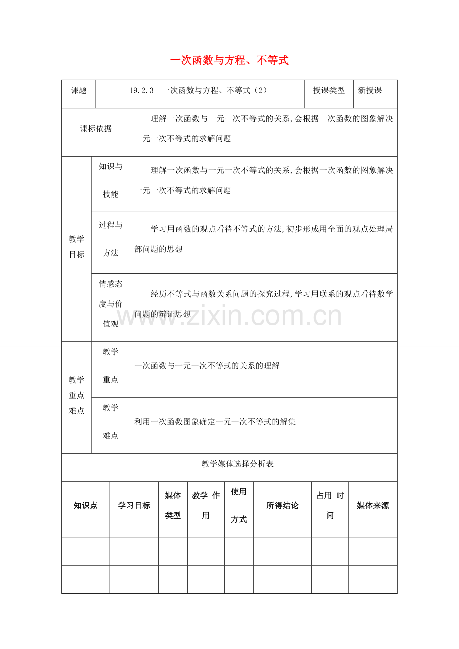 陕西省安康市石泉县池河镇八年级数学下册 第19章 一次函数 19.2.3 一次函数与方程、不等式（2）教案 （新版）新人教版-（新版）新人教版初中八年级下册数学教案.doc_第1页