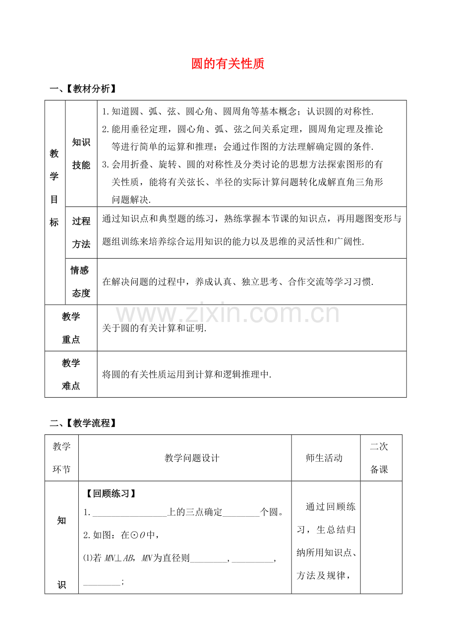 山东省郯城县红花镇中考数学专题复习 专题六 圆（23）第1课时 圆的有关性质教案-人教版初中九年级全册数学教案.doc_第1页