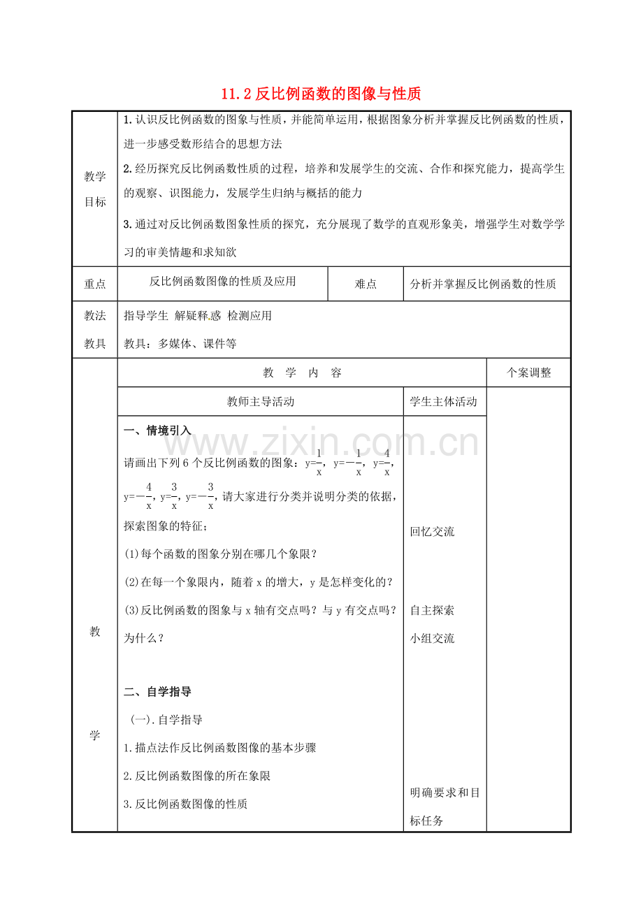 江苏省徐州市新沂市踢球山乡八年级数学下册 11.2 反比例函数的图像与性质（2）教案 （新版）苏科版-（新版）苏科版初中八年级下册数学教案.doc_第1页