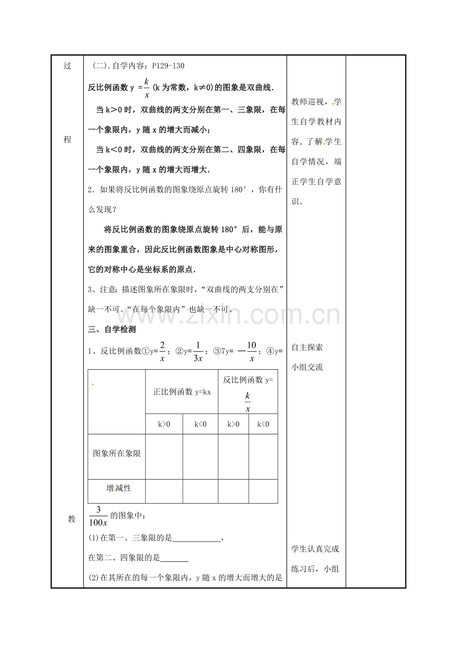 江苏省徐州市新沂市踢球山乡八年级数学下册 11.2 反比例函数的图像与性质（2）教案 （新版）苏科版-（新版）苏科版初中八年级下册数学教案.doc_第2页