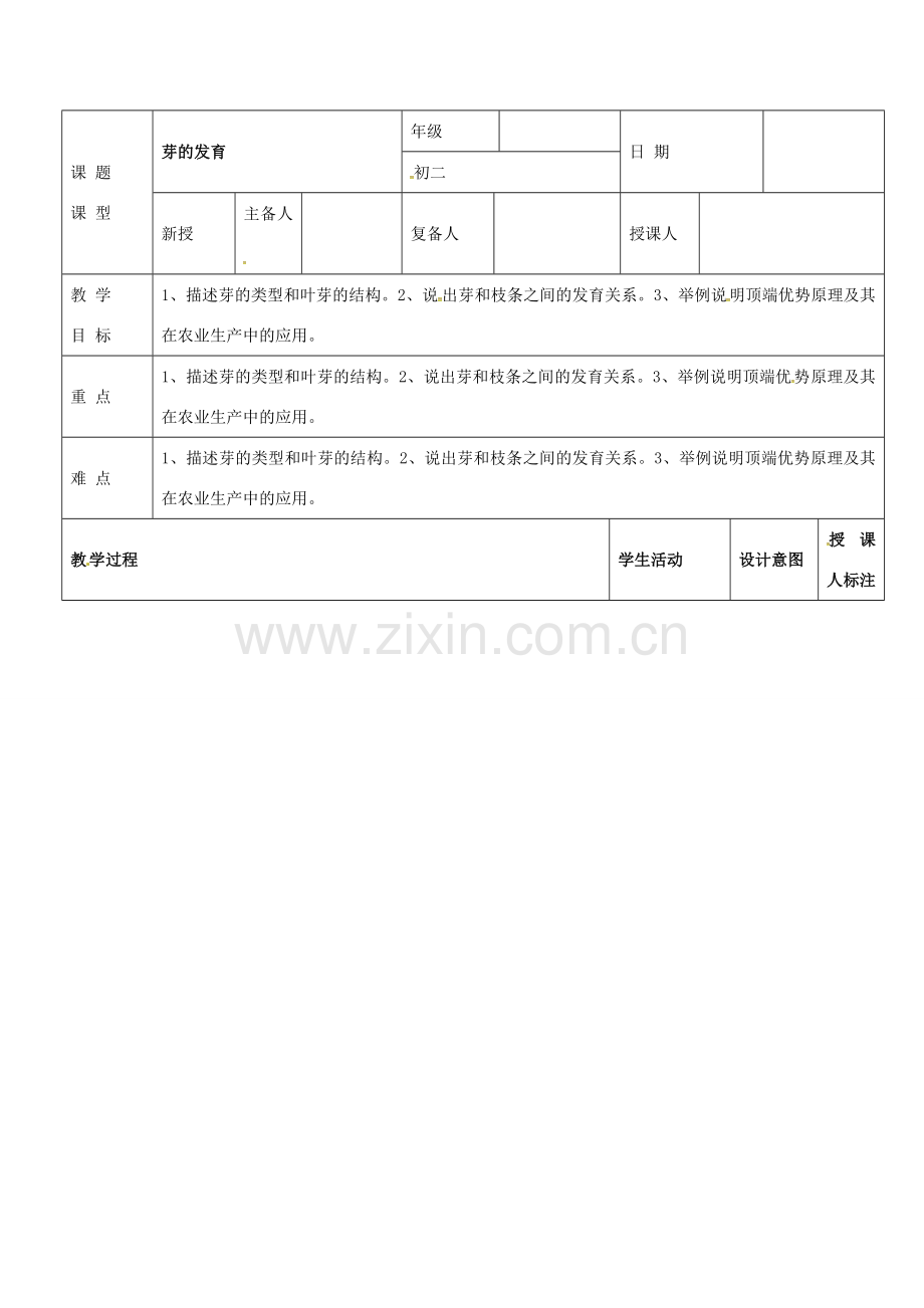 江西省万载县八年级生物上册 3.1.3芽的发育教案 （新版）冀教版-（新版）冀教版初中八年级上册生物教案.doc_第1页