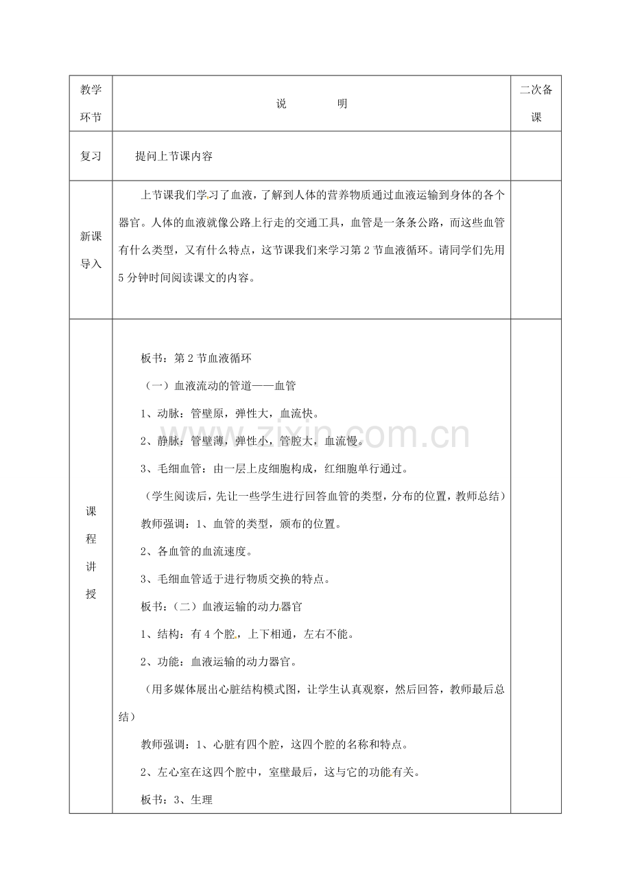 河北省邯郸市肥乡区七年级生物下册 9.2 血液循环教案 （新版）北师大版-（新版）北师大版初中七年级下册生物教案.doc_第2页