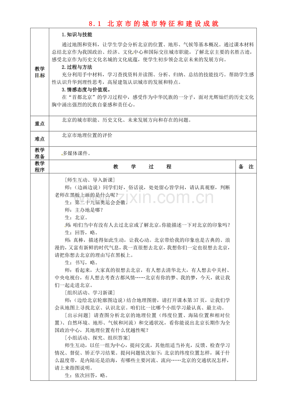 小学教学研究室八年级地理下册 8.1 北京市的城市特征和建设成就教案 （新版）湘教版-（新版）湘教版初中八年级下册地理教案.doc_第1页