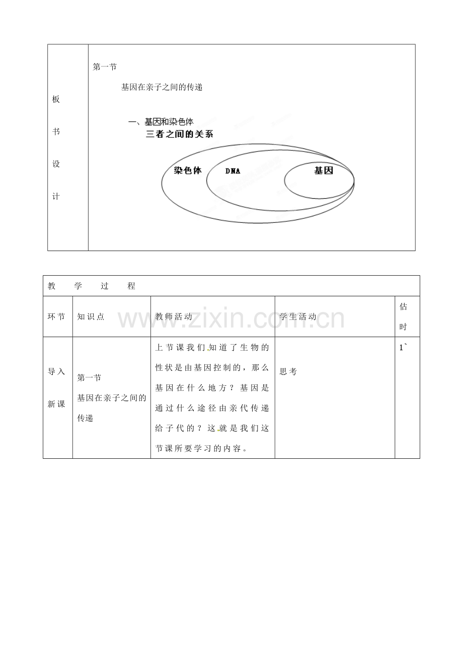 山东省临沭县第三初级中学八年级生物下册《7-2-2基因在亲子代之间的传递》教案 新人教版.doc_第2页