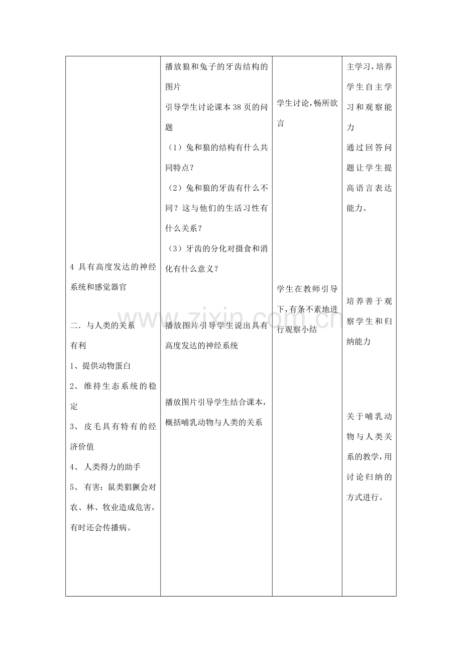 八年级生物上册 5.1.7 哺乳动物教案1 （新版）新人教版-（新版）新人教版初中八年级上册生物教案.doc_第3页