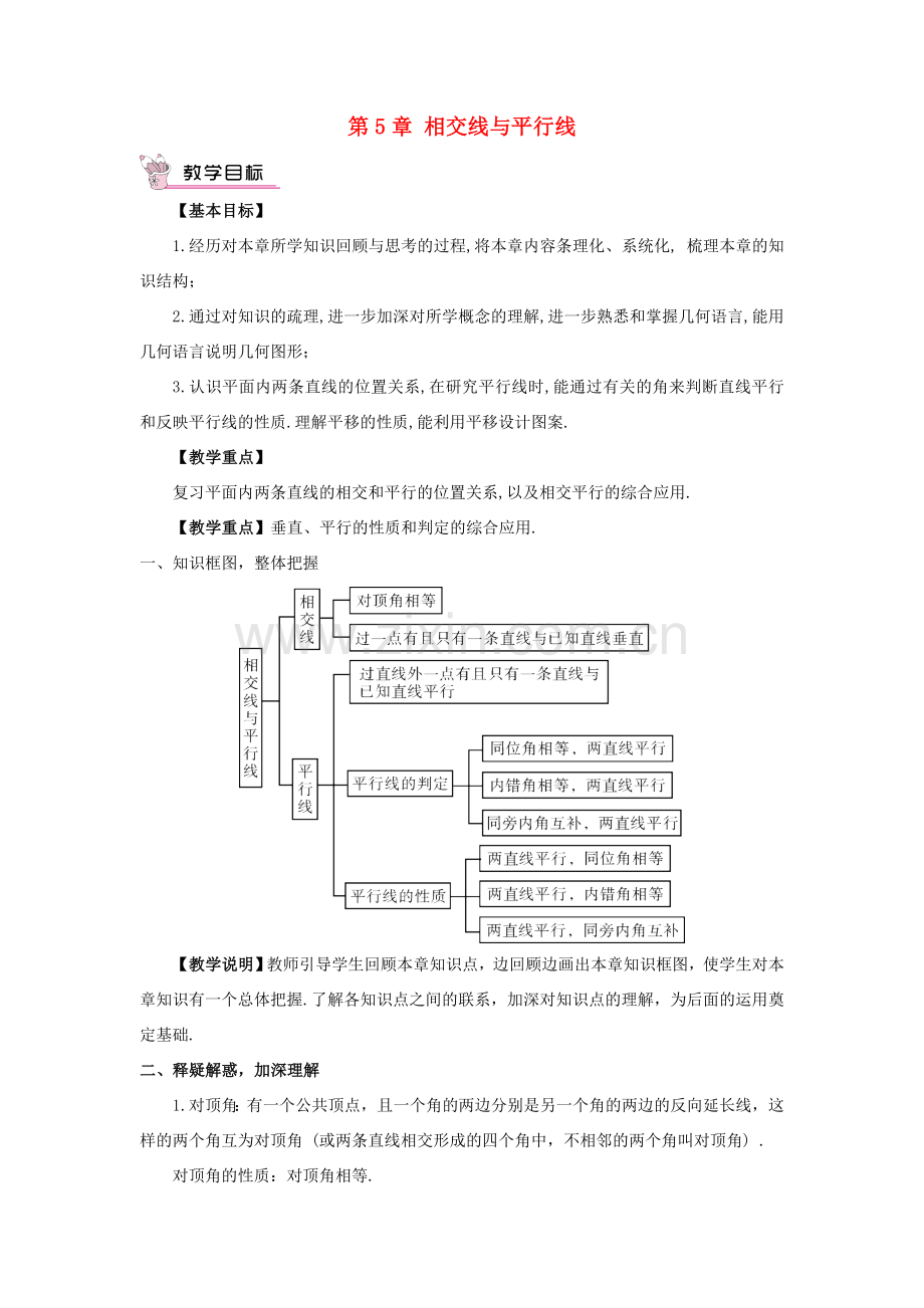 七年级数学上册 第5章 相交线与平行线本章复习教案 （新版）华东师大版-（新版）华东师大版初中七年级上册数学教案.doc_第1页