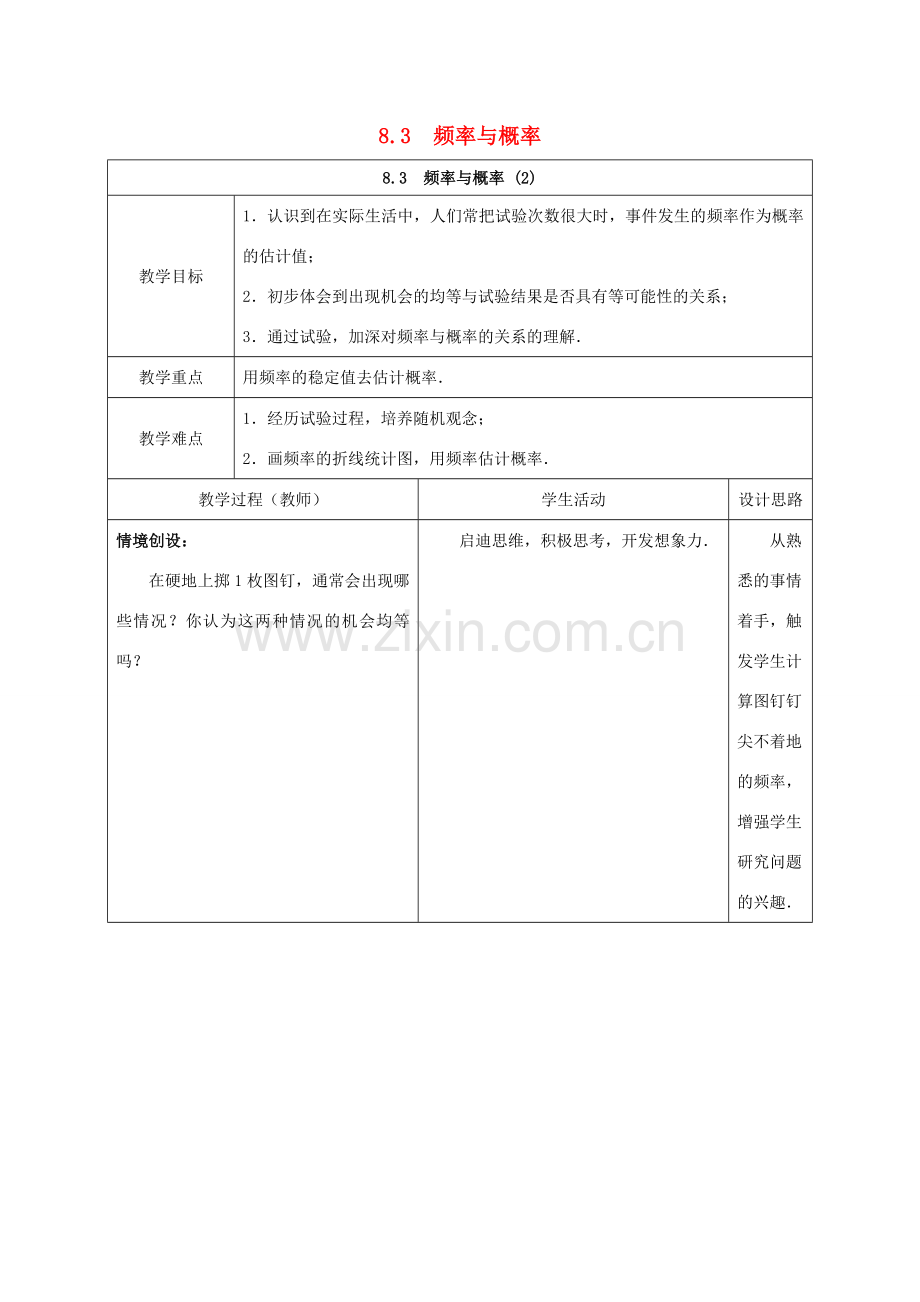 江苏省宿迁市沭阳县八年级数学下册 第8章 认识概率 8.3 频率与概率(2)教案 （新版）苏科版-（新版）苏科版初中八年级下册数学教案.doc_第1页