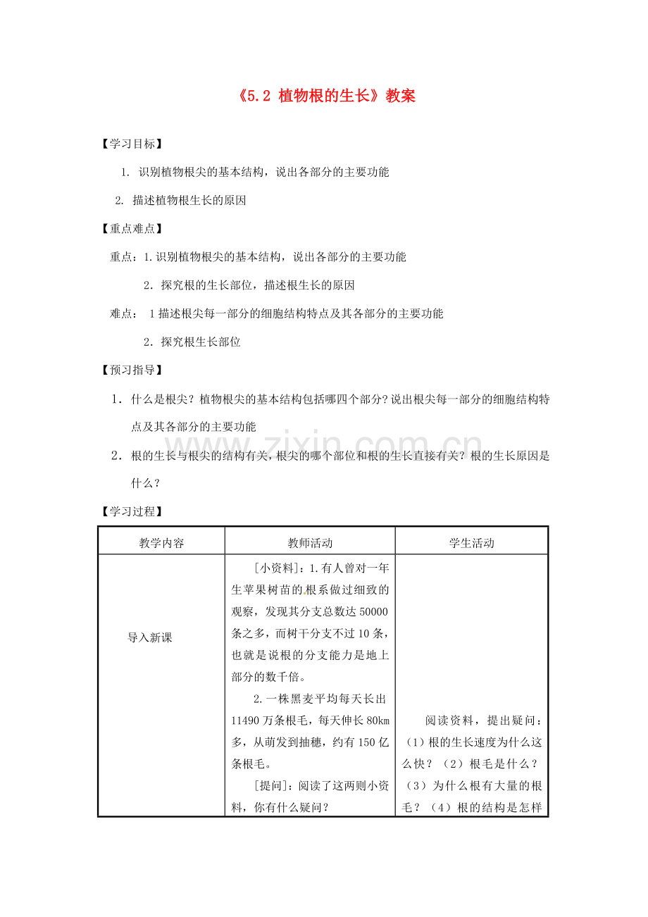 江苏省东台市唐洋镇中学七年级生物上册《5.2 植物根的生长》教案 苏教版.doc_第1页