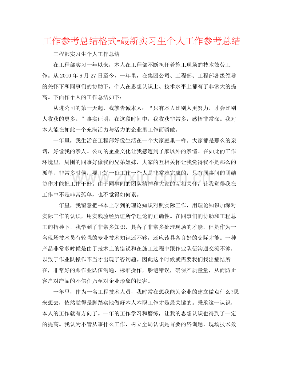 工作参考总结格式实习生个人工作参考总结.docx_第1页