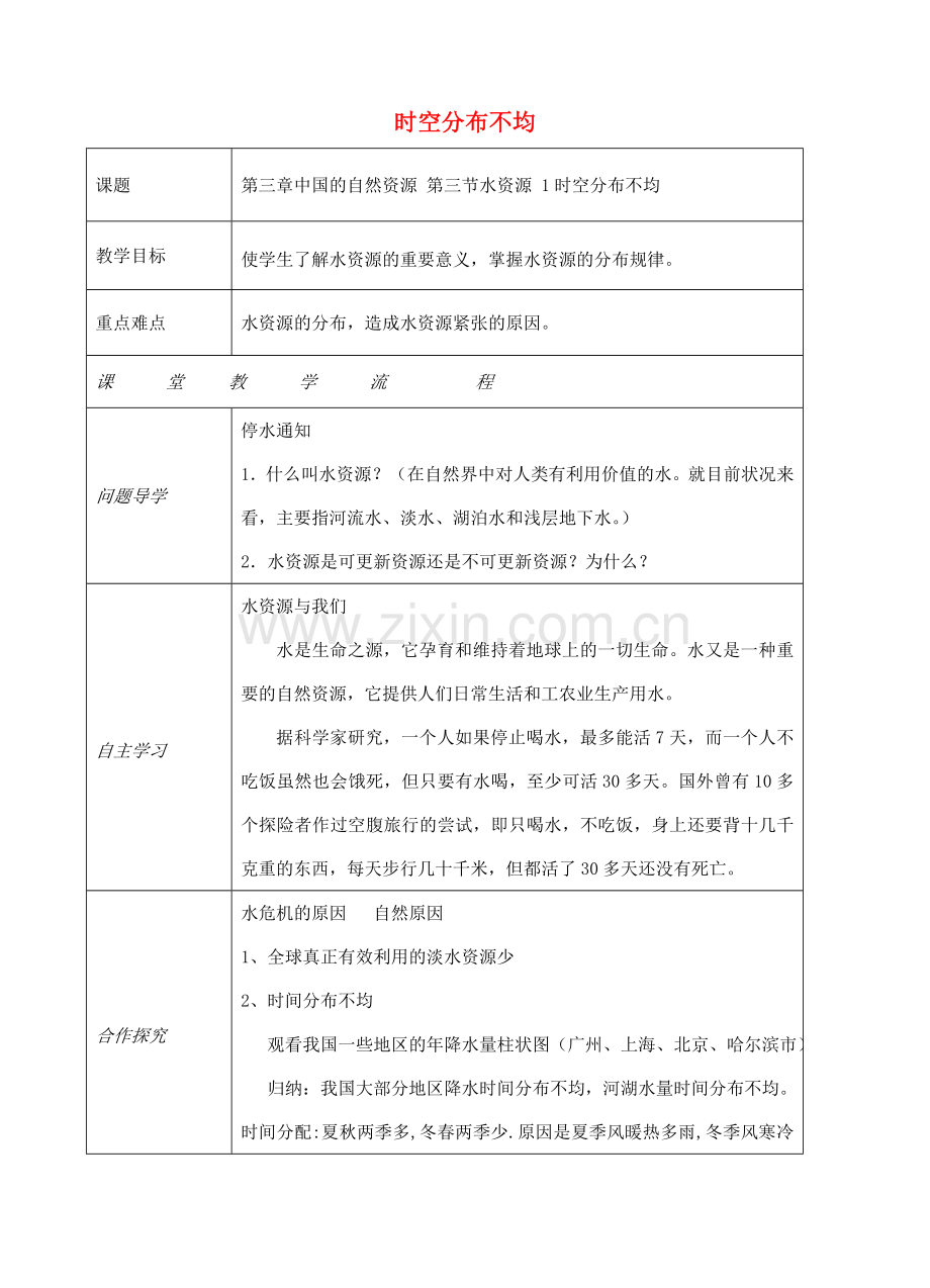 八年级地理上册 第三章 第三节 水资源（时空分布不均）教案 （新版）新人教版-（新版）新人教版初中八年级上册地理教案.doc_第1页