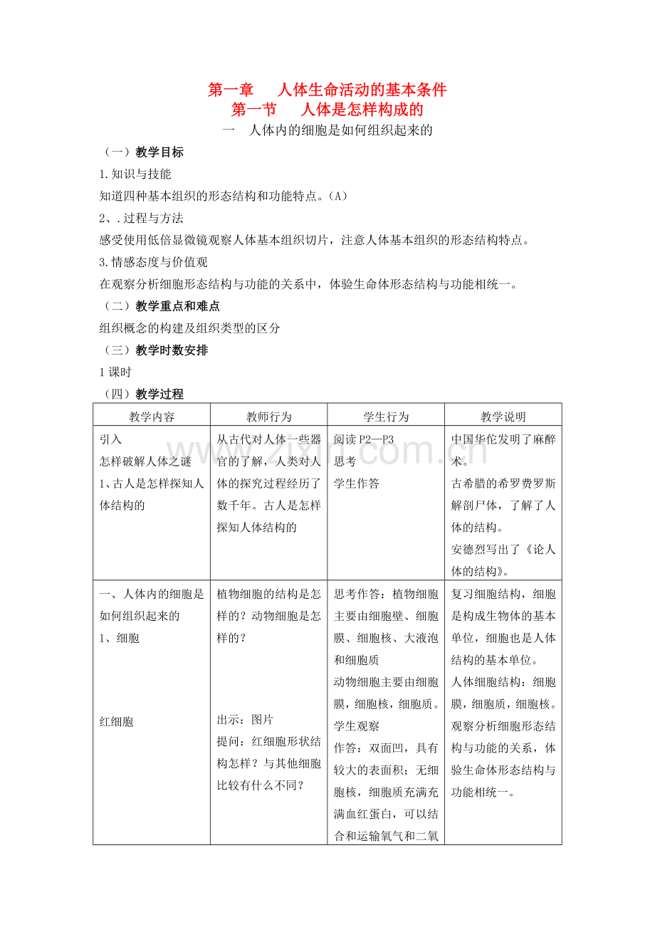 八年级生物 第一学期（试验本）第1章第一节人体内的细胞是如何组成的教案 上海版.doc_第1页