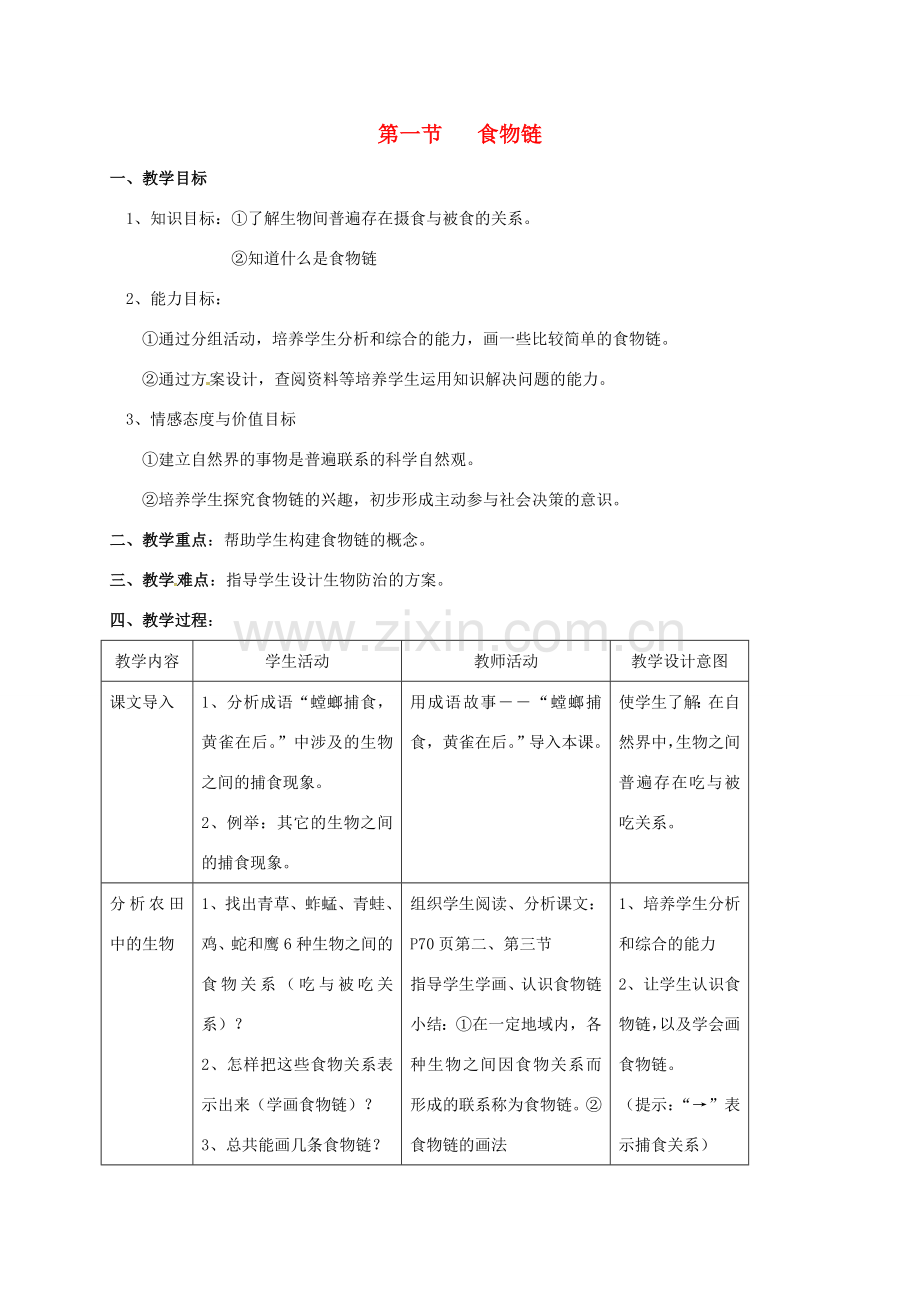 江苏省太仓市七年级生物上册 第六章 第一节 食物链教案 （新版）苏科版-（新版）苏科版初中七年级上册生物教案.doc_第1页