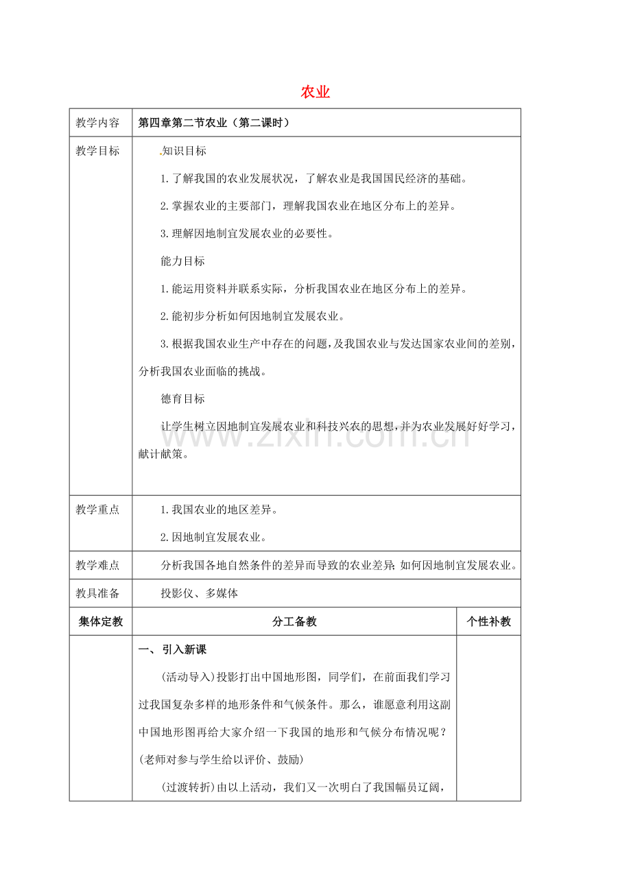 八年级地理上册 第四章 第二节 农业（第2课时）教案 新人教版-新人教版初中八年级上册地理教案.doc_第1页