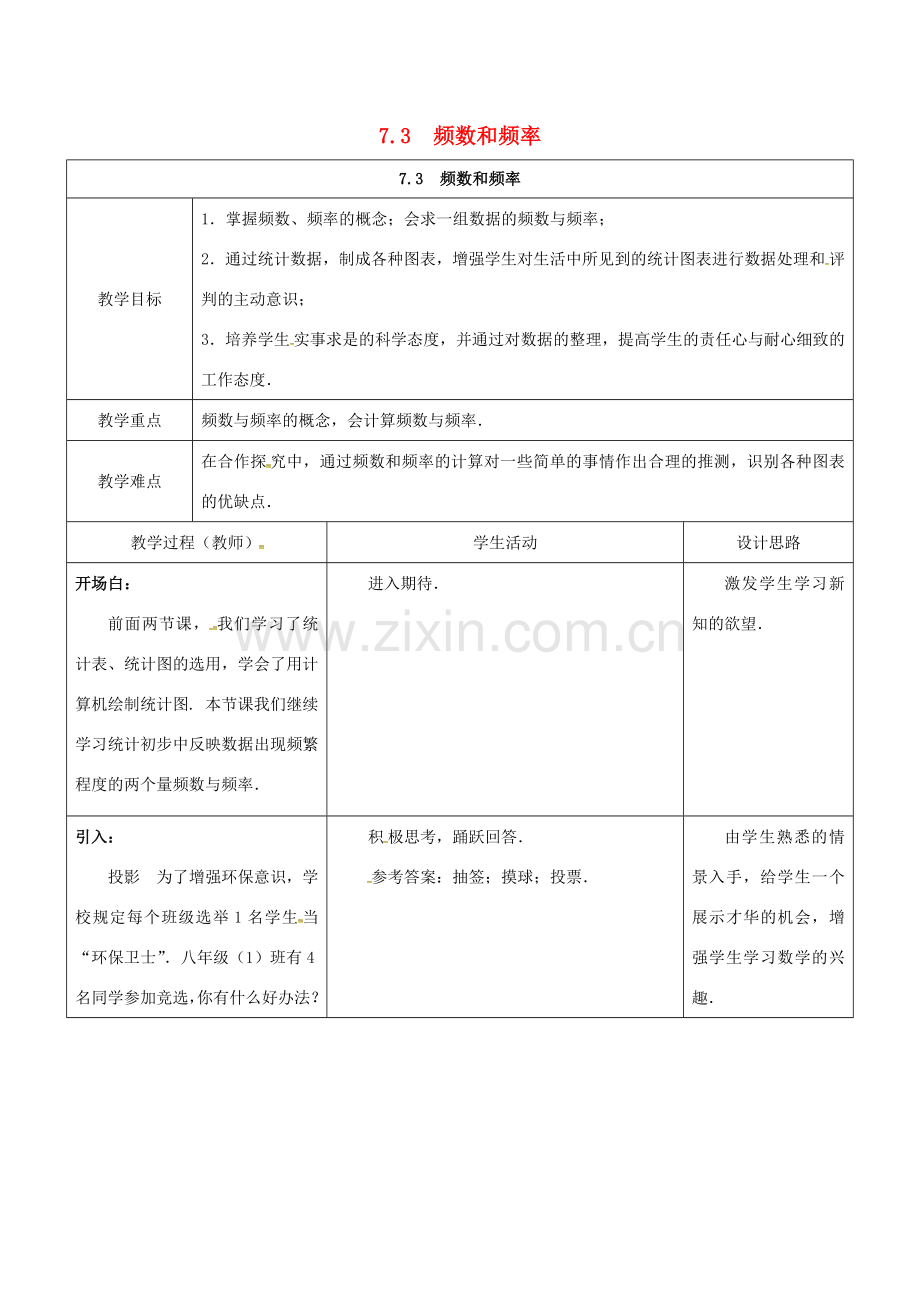 江苏省宿迁市沭阳县八年级数学下册 第7章 数据的收集、整理、描述 7.3 频数和频率教案 （新版）苏科版-（新版）苏科版初中八年级下册数学教案.doc_第1页