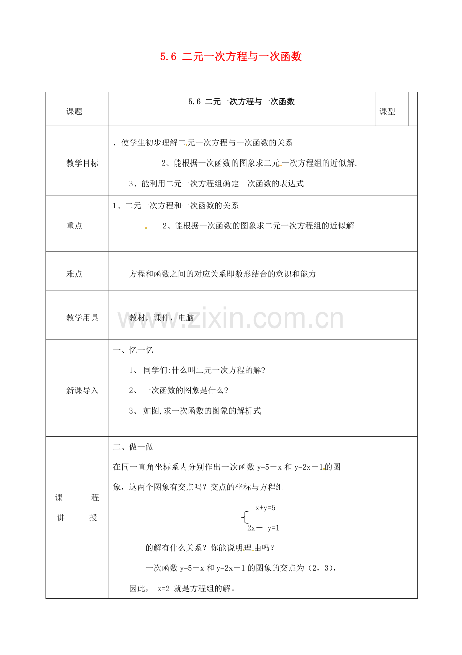 河北省邯郸市肥乡县八年级数学上册 第五章 二元一次方程组 第六节 二元一次方程与一次函数教案2 （新版）北师大版-（新版）北师大版初中八年级上册数学教案.doc_第1页