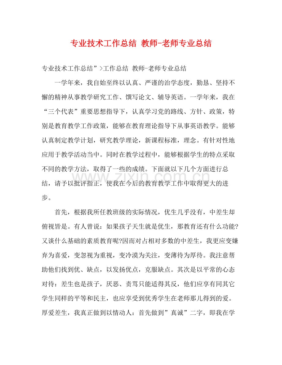 专业技术工作总结教师老师专业总结.docx_第1页