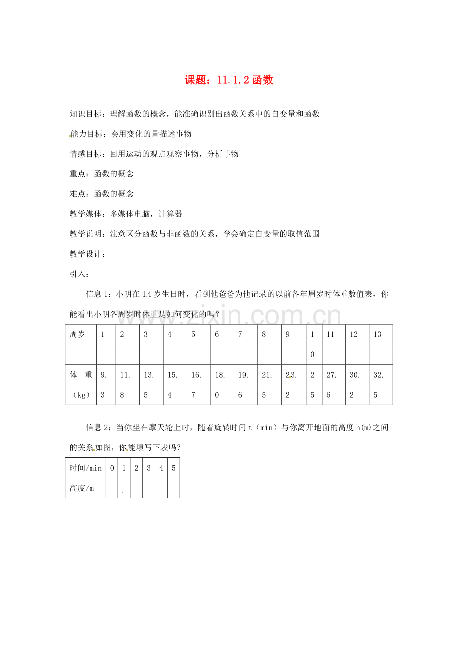 内蒙古巴彦淖尔市乌中旗二中八年级数学 课题11.1.2函数教案 人教新课标版.doc_第1页