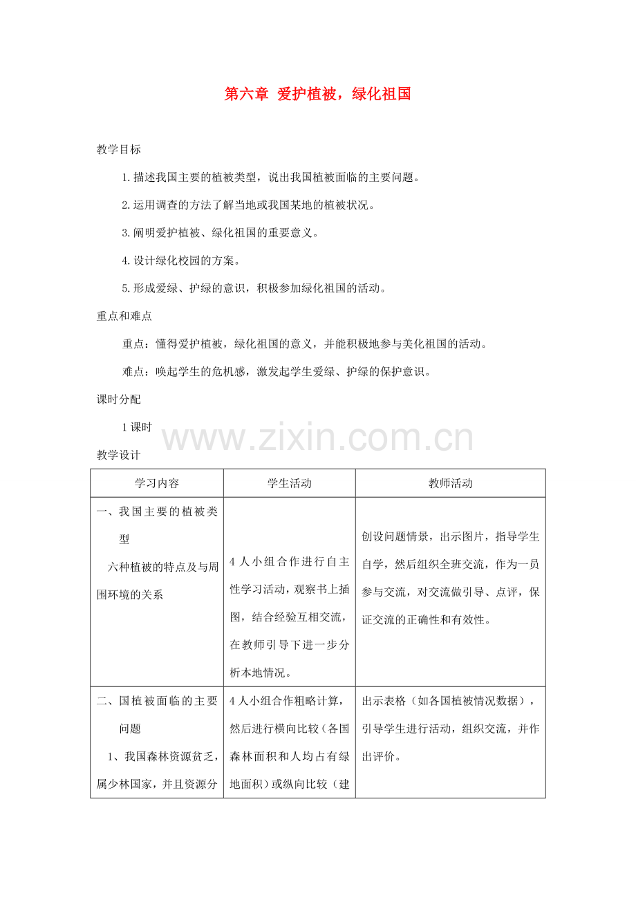 七年级生物上册 第三单元 第六章 爱护植被、绿化祖国教案 （新版）新人教版-（新版）新人教版初中七年级上册生物教案.doc_第1页