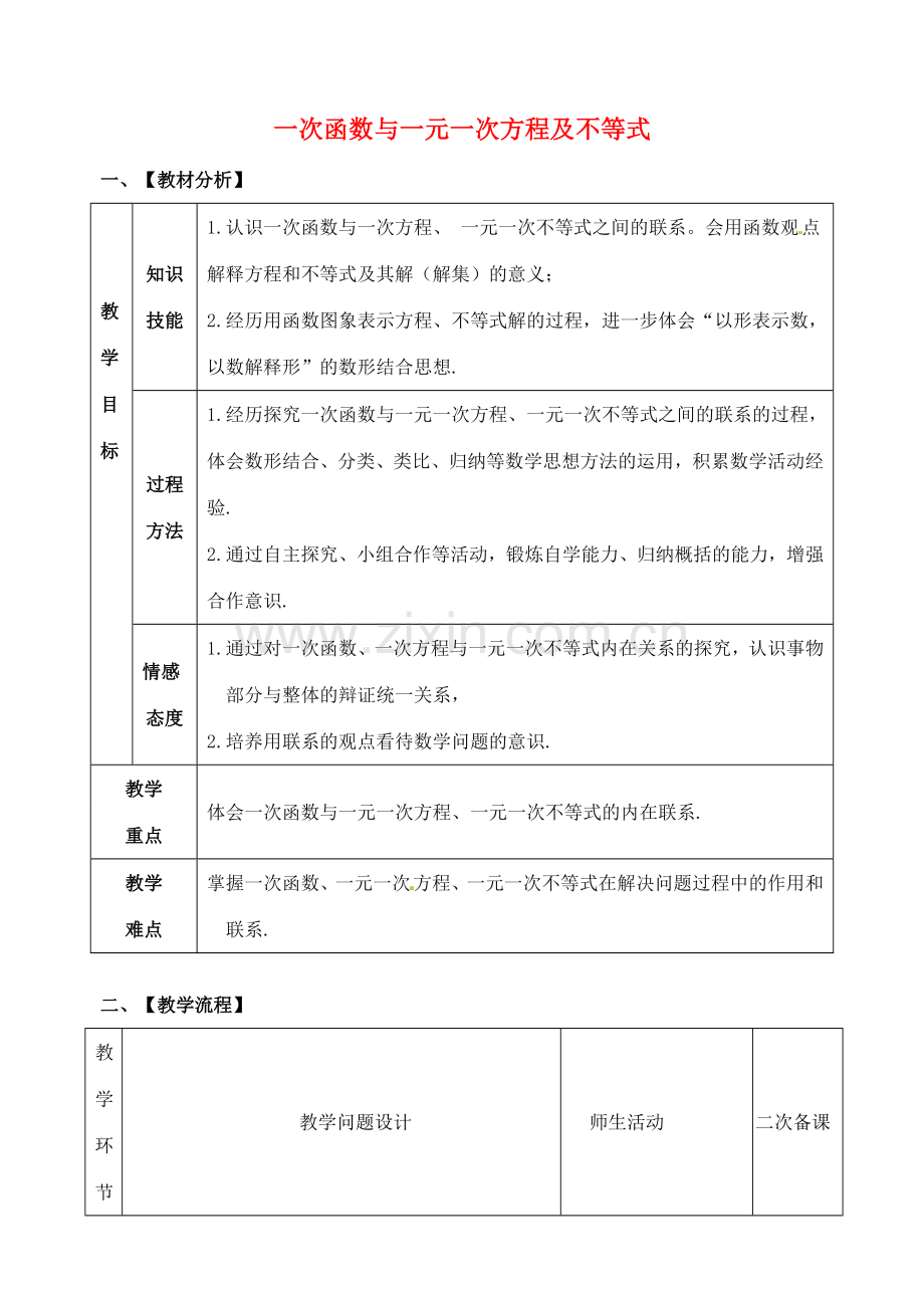 山东省郯城县红花镇中考数学专题复习 专题三（12-2）一次函数与一元一次方程及不等式教案-人教版初中九年级全册数学教案.doc_第1页