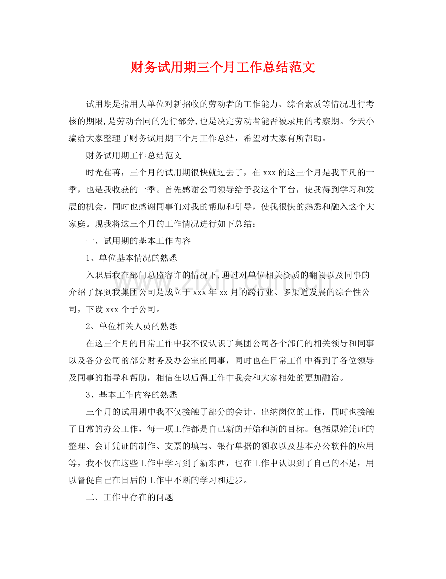 财务试用期三个月工作总结范文 .docx_第1页