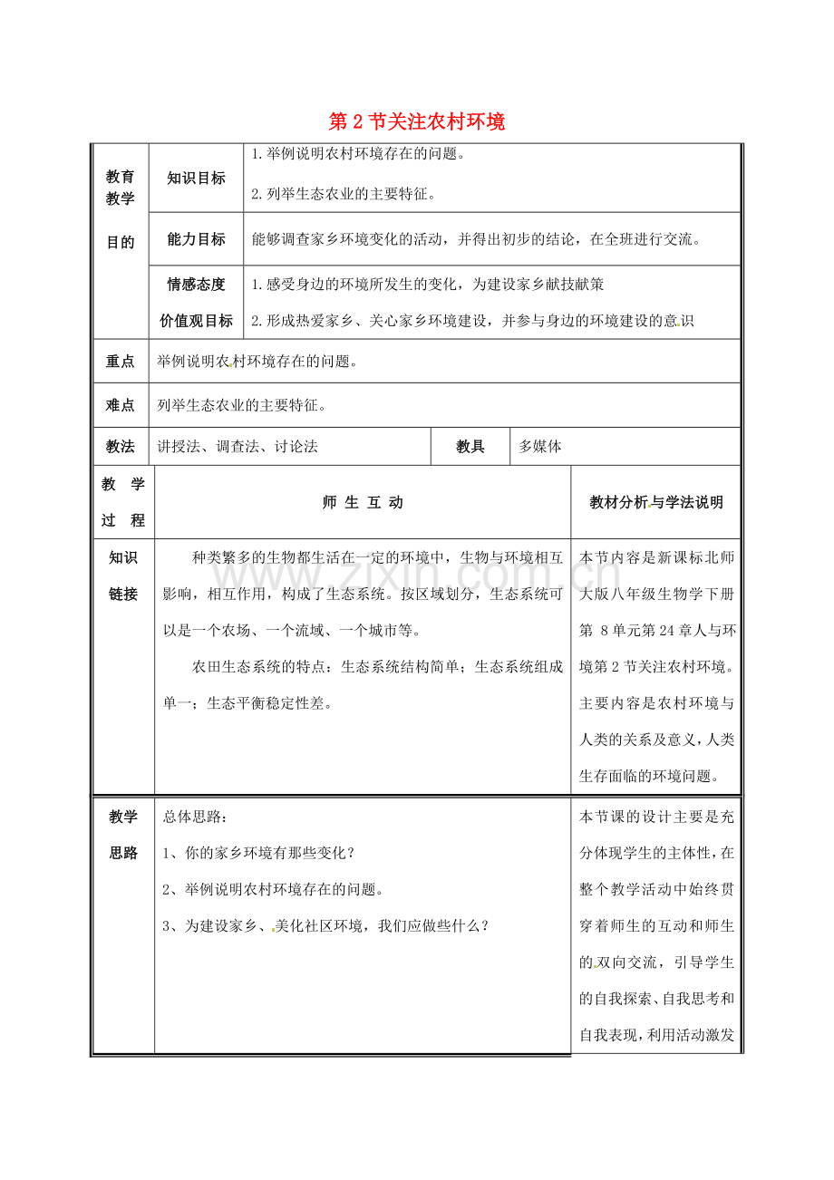 八年级生物下册《第24章 第2节 关注农村环境》教学设计 北师大版-北师大版初中八年级下册生物教案.doc_第1页