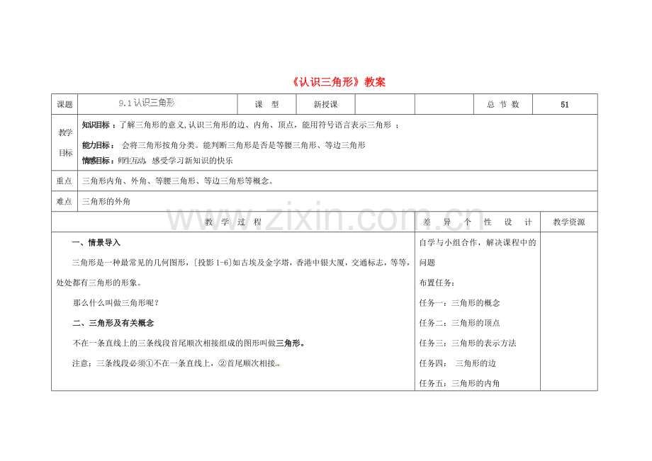 吉林省长春市第一零四中学七年级数学下册《认识三角形》教案 北师大版.doc_第1页