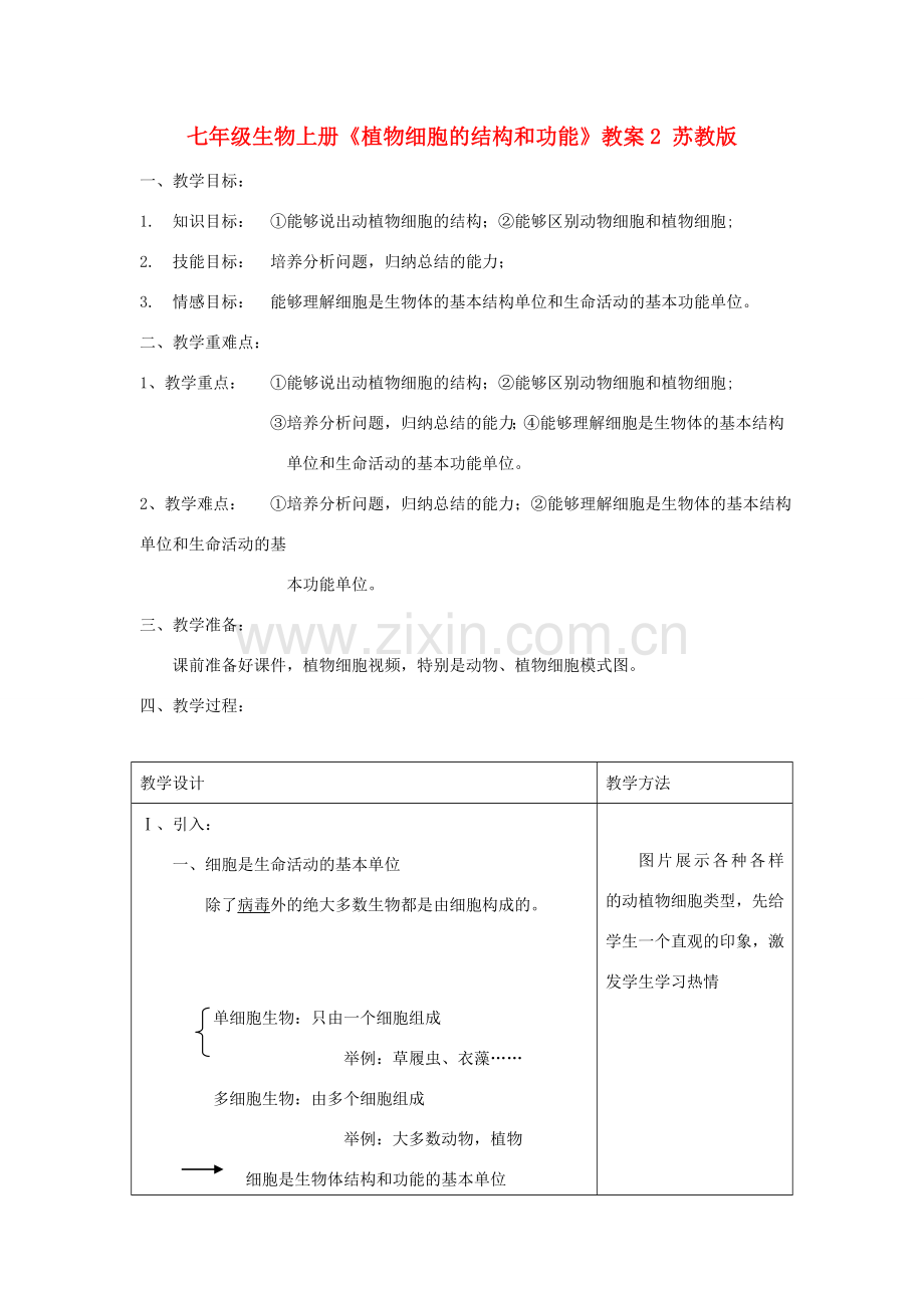 七年级生物上册《植物细胞的结构和功能》教案2 苏教版.doc_第1页