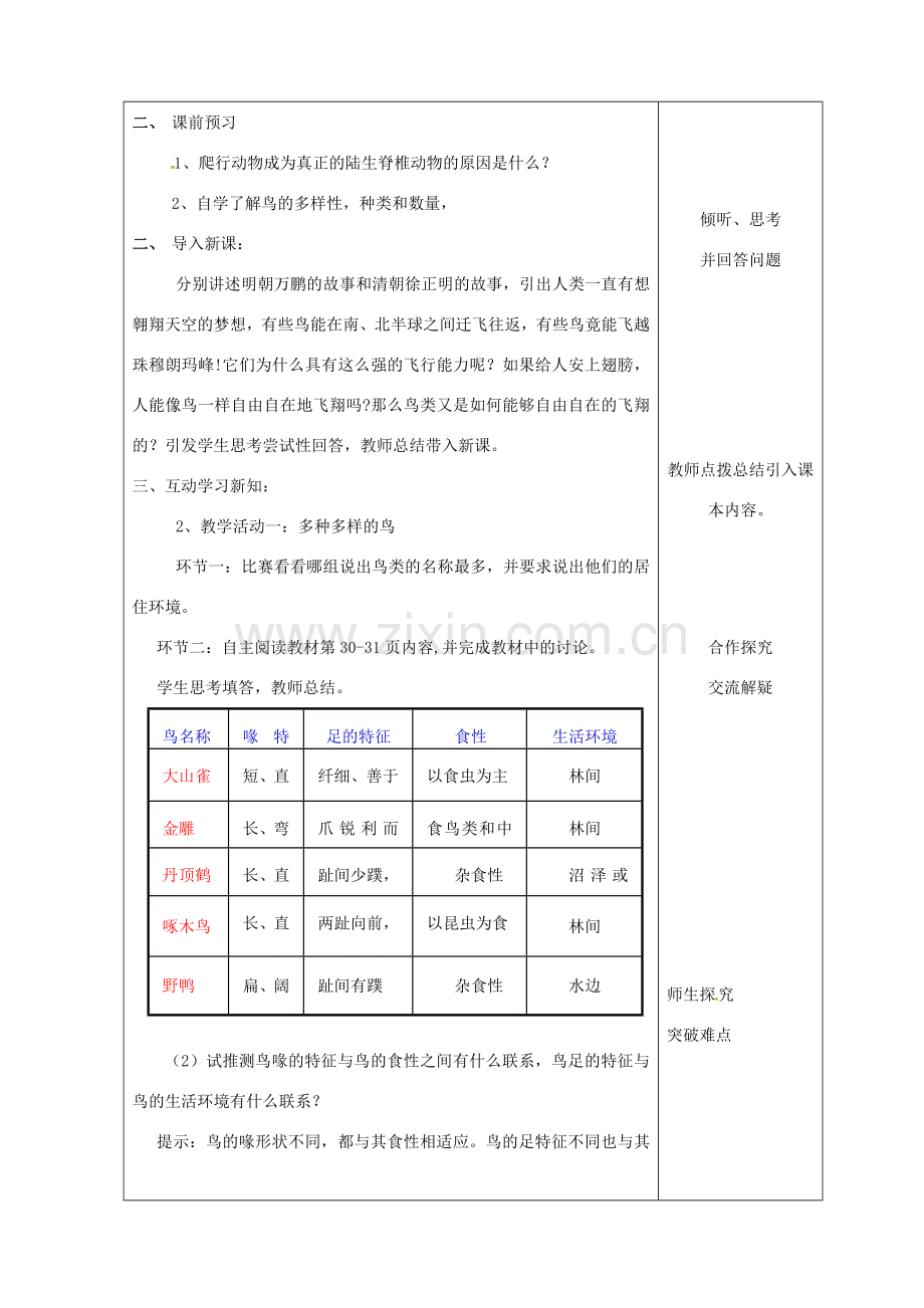 八年级生物上册 5.1.6 鸟教案 （新版）新人教版-（新版）新人教版初中八年级上册生物教案.doc_第2页