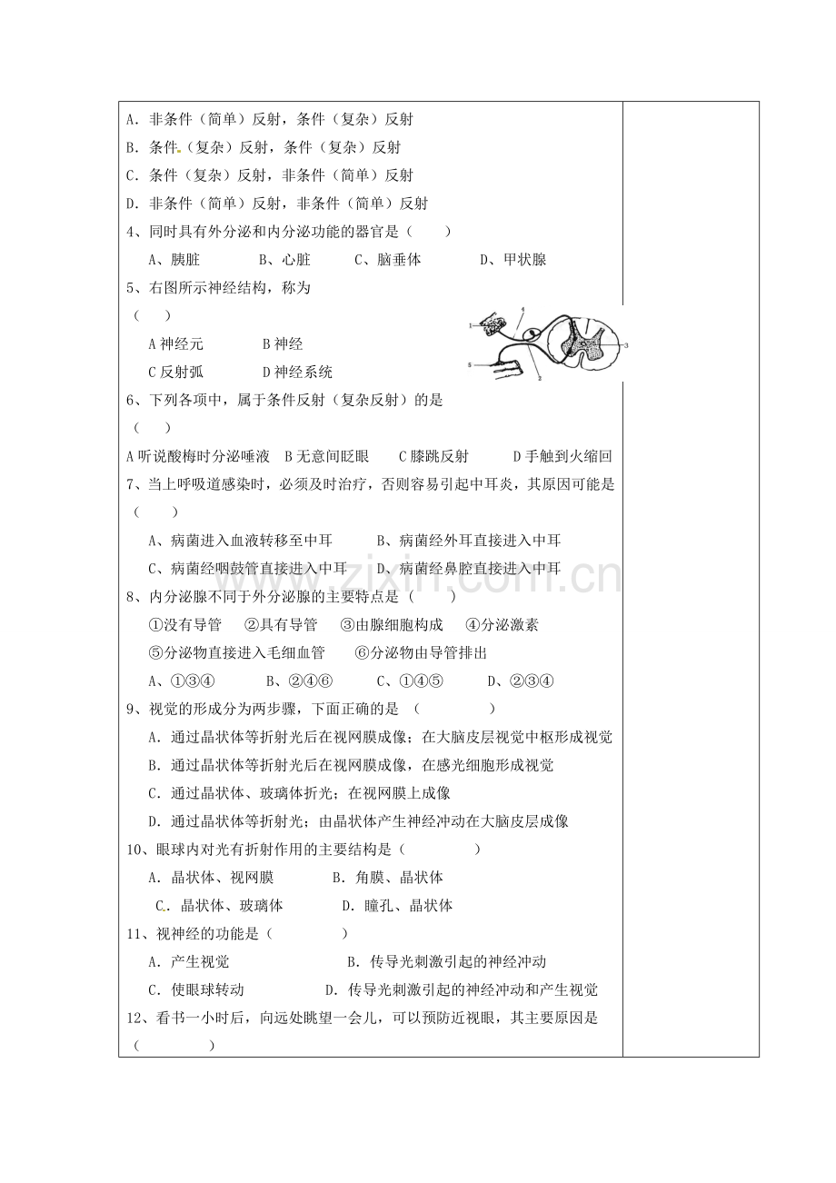 山东省泰安新泰市七年级生物下册 第六章 人体生命活动的调解复习教案 新人教版.doc_第3页