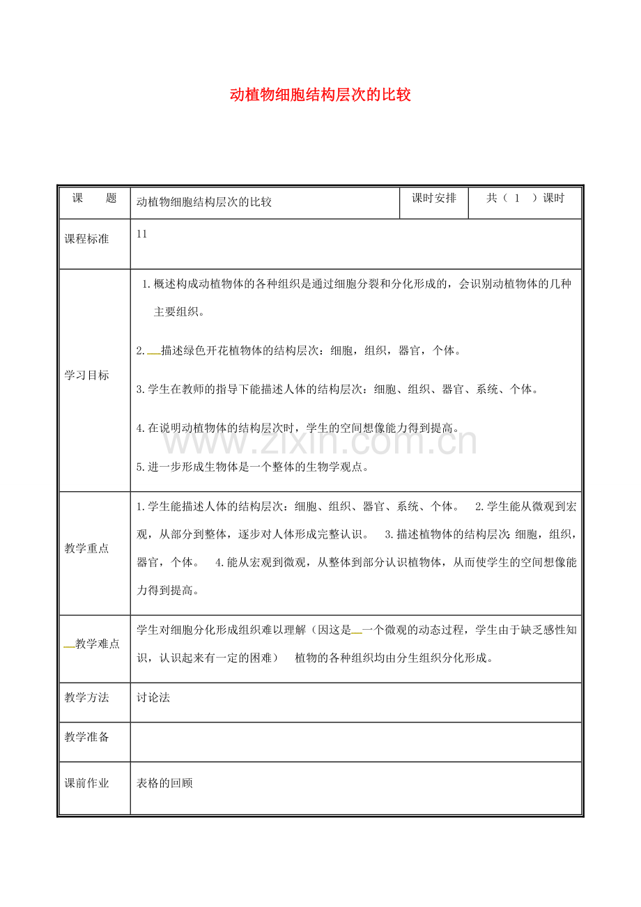 河南省中牟县七年级生物上册 2.2.2 动物体的结构层次（动植物结构层次的比较）教案 （新版）新人教版-（新版）新人教版初中七年级上册生物教案.doc_第1页