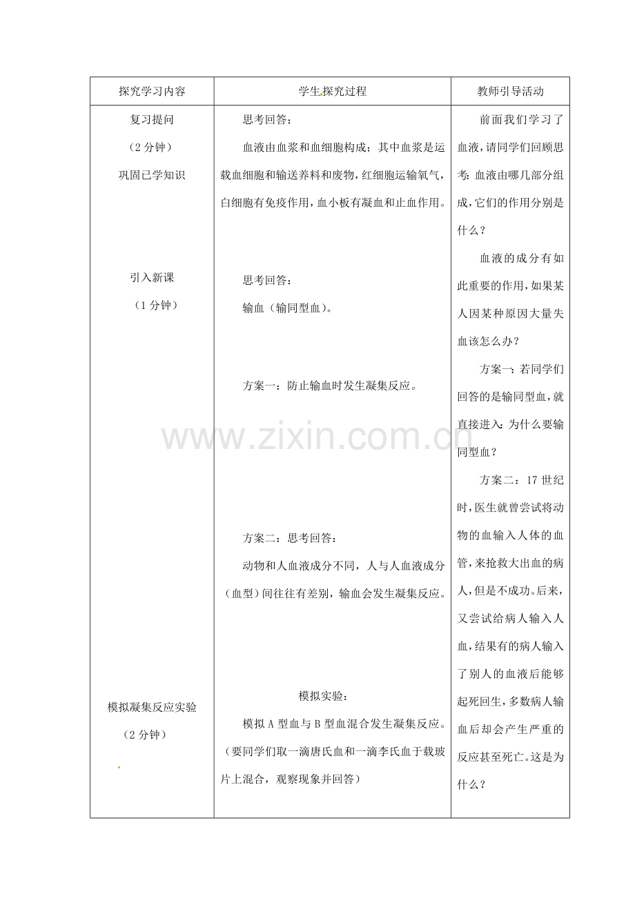 春七年级生物下册 第四单元 第四章 第四节 输血与血型教案 （新版）新人教版-（新版）新人教版初中七年级下册生物教案.doc_第2页