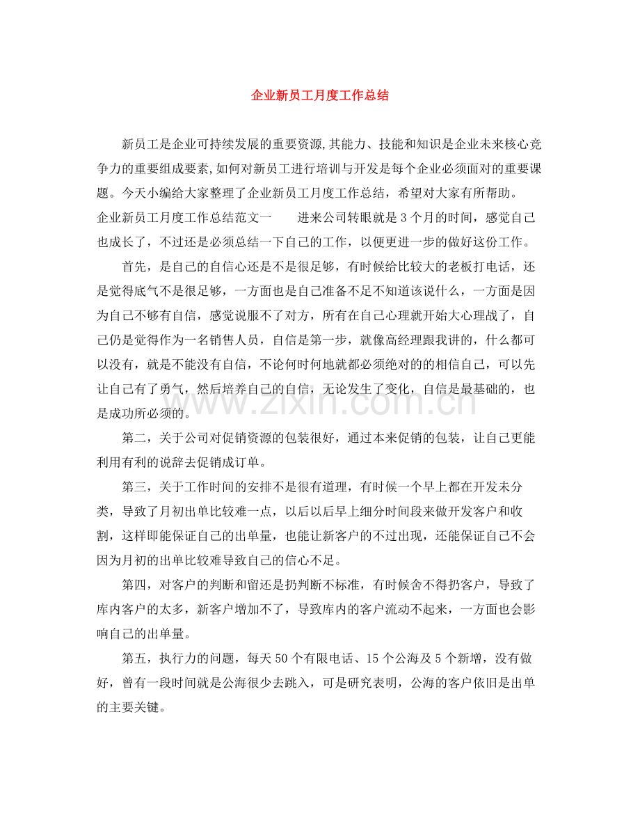 企业新员工月度工作总结.docx_第1页