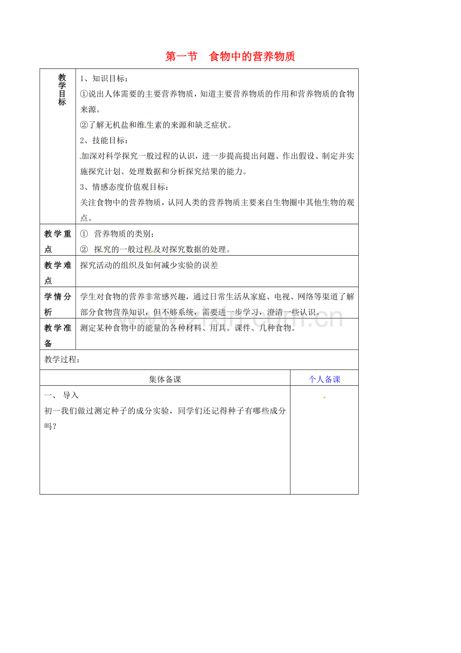 山东省淄博市临淄区第八中学七年级生物下册 2.1 食物中的营养物质教案1 新人教版.doc_第1页