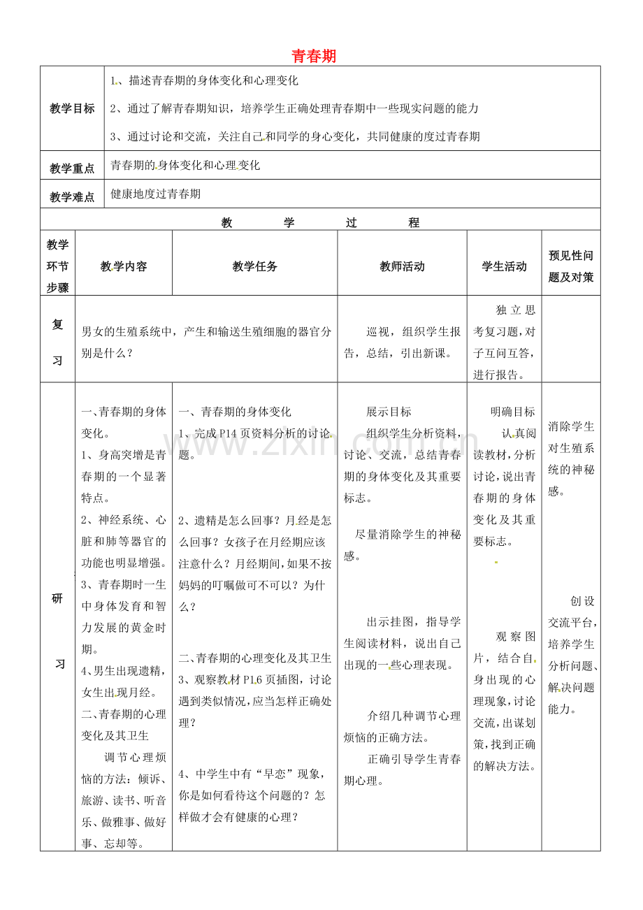 七年级生物下册 第四单元 第一章 第三节 青春期教案 新人教版-新人教版初中七年级下册生物教案.doc_第1页