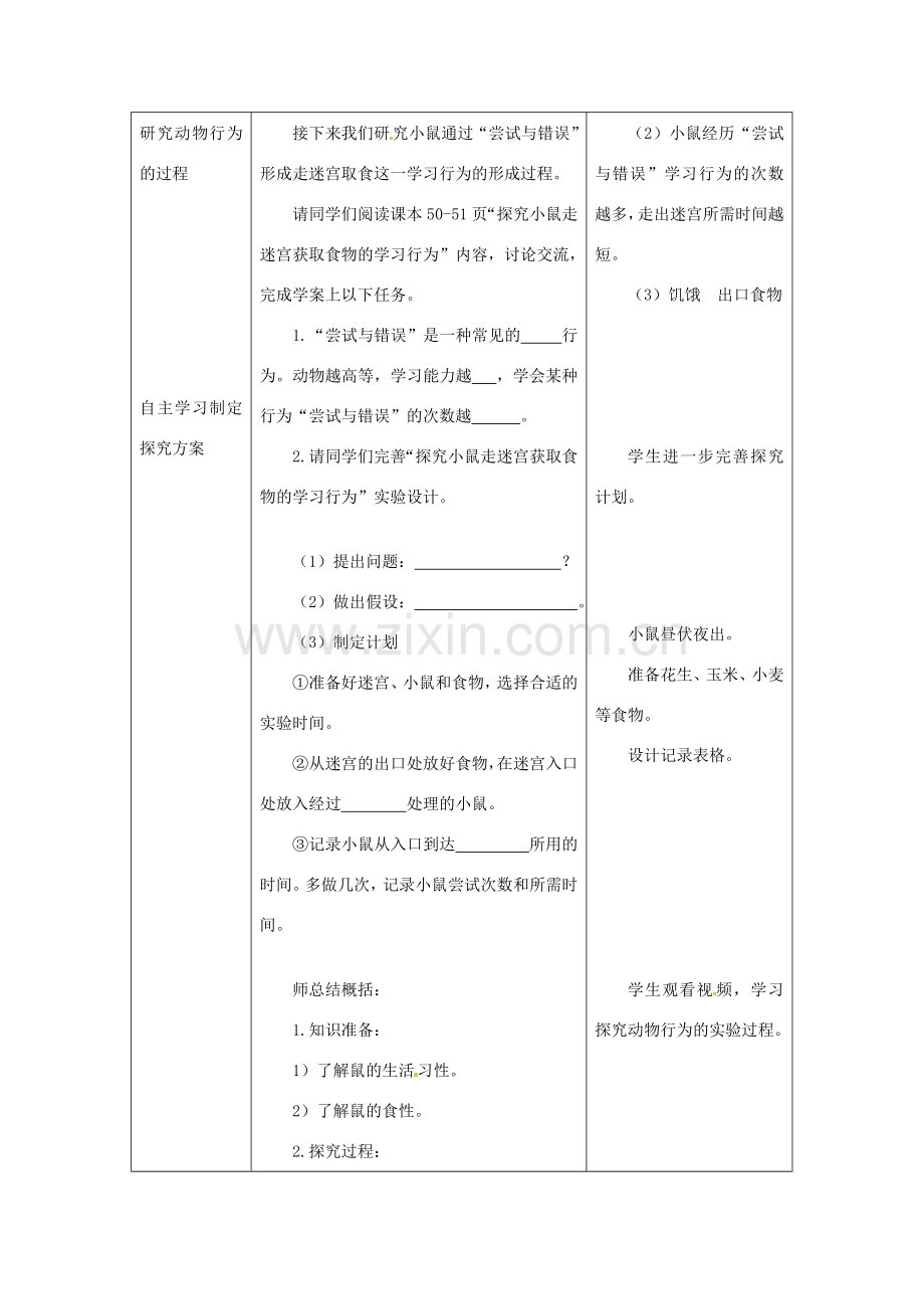 八年级生物上册 第五单元 第二章 第二节 先天性行为和学习行为（第2课时研究一种动物的行为）教案 （新版）新人教版-（新版）新人教版初中八年级上册生物教案.doc_第3页