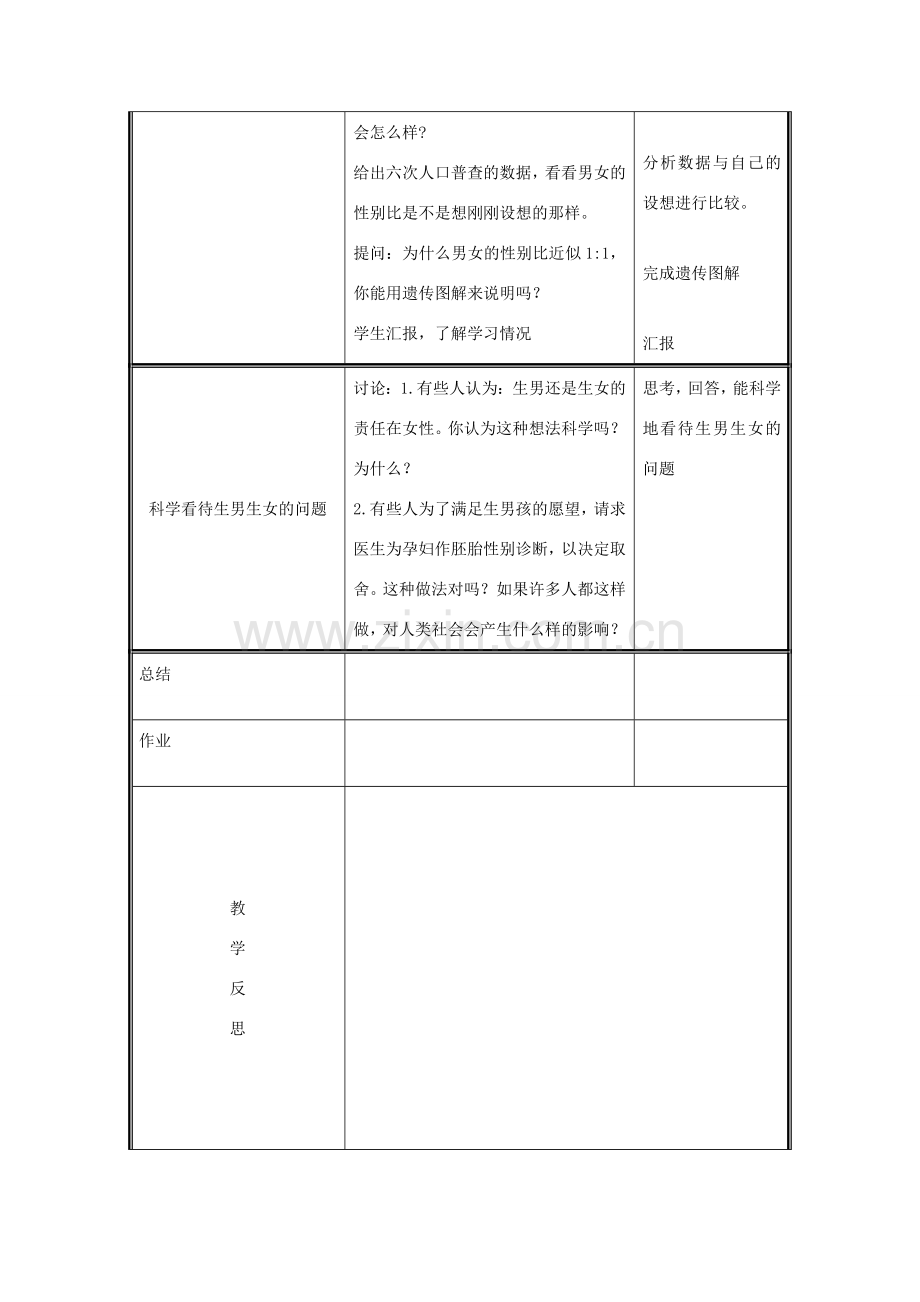 八年级生物上册 第6单元 第20章 第4节 性别和性别决定教案 （新版）北师大版-（新版）北师大版初中八年级上册生物教案.doc_第3页