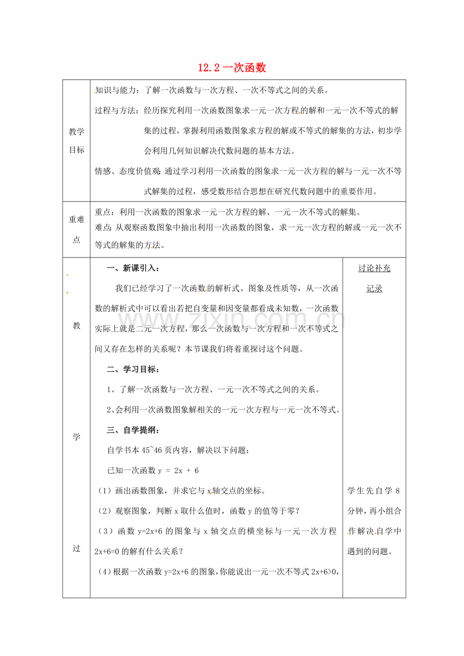 安徽省固镇县八年级数学上册 12.2 一次函数（10）教案 （新版）沪科版-（新版）沪科版初中八年级上册数学教案.doc_第1页