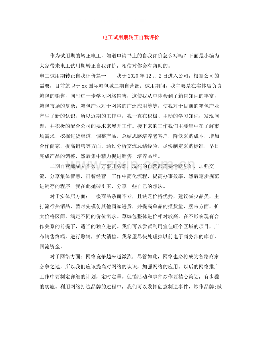 电工试用期转正自我评价.docx_第1页