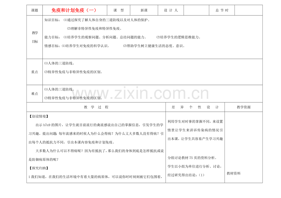 吉林省长春市第一零四中学八年级生物下册 第八单元 第一章 第二节 防疫和计划免疫教案 新人教版.doc_第1页