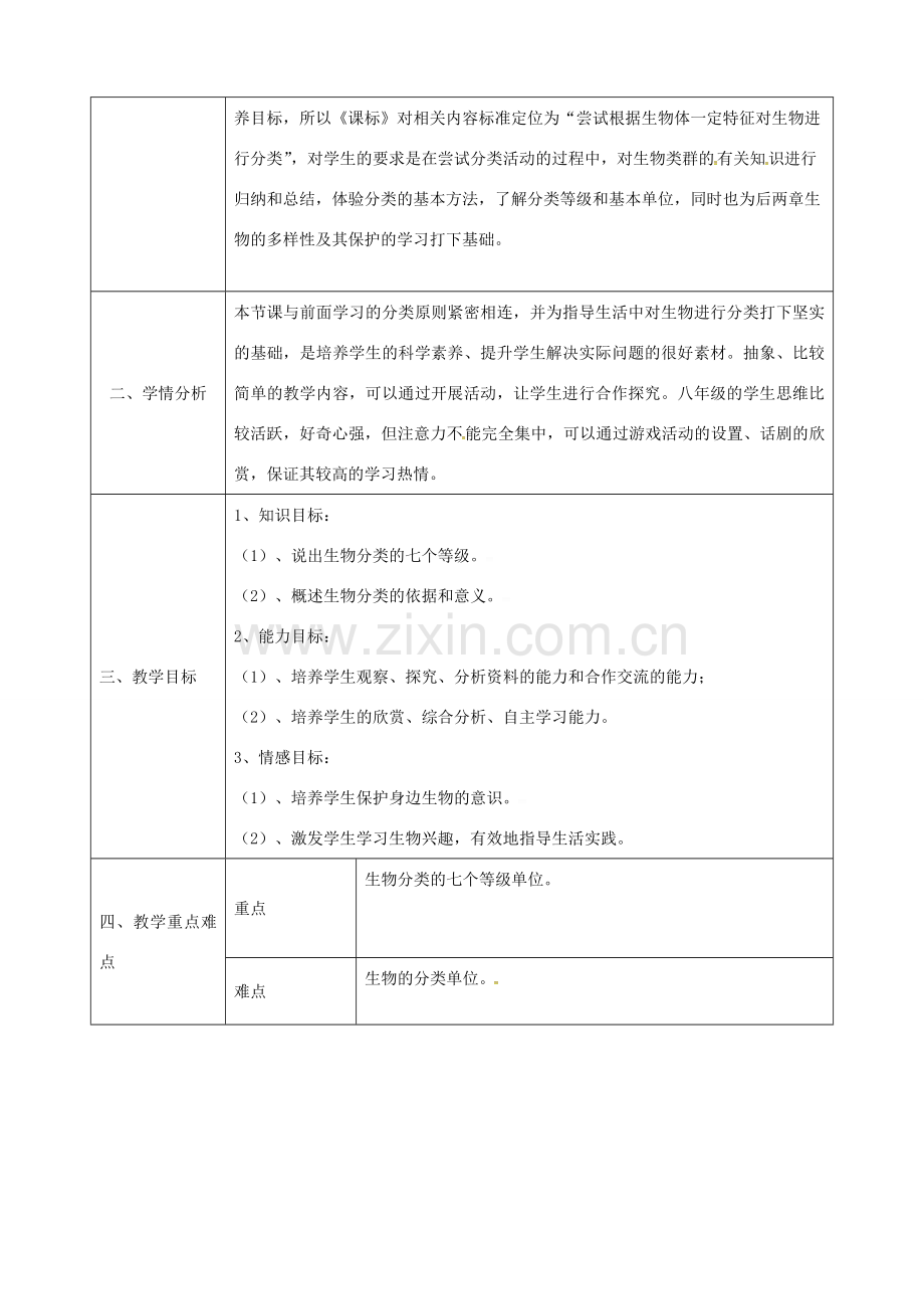 陕西省石泉县八年级生物上册 6.1.1 从种到界教案 （新版）新人教版-（新版）新人教版初中八年级上册生物教案.doc_第2页