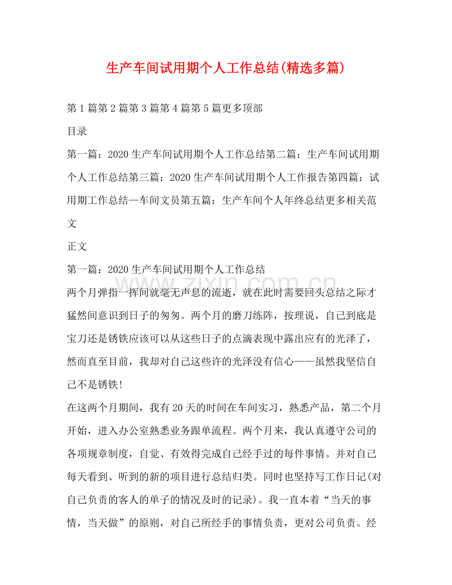 生产车间试用期个人工作总结多篇).docx_第1页