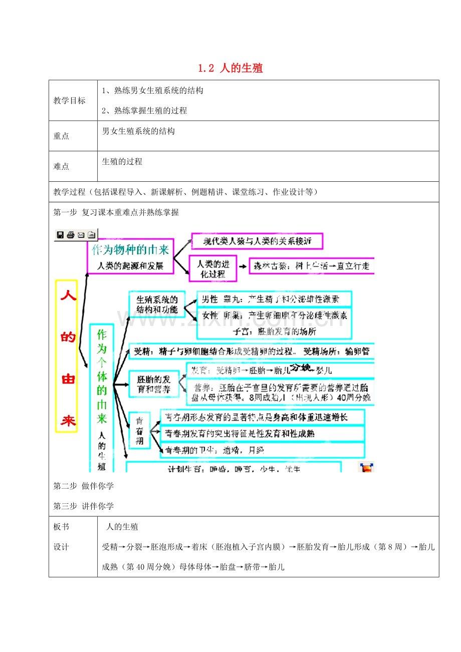 山东省龙口市诸由观镇诸由中学七年级生物下册 1.2 人的生殖复习教案 新人教版.doc_第1页