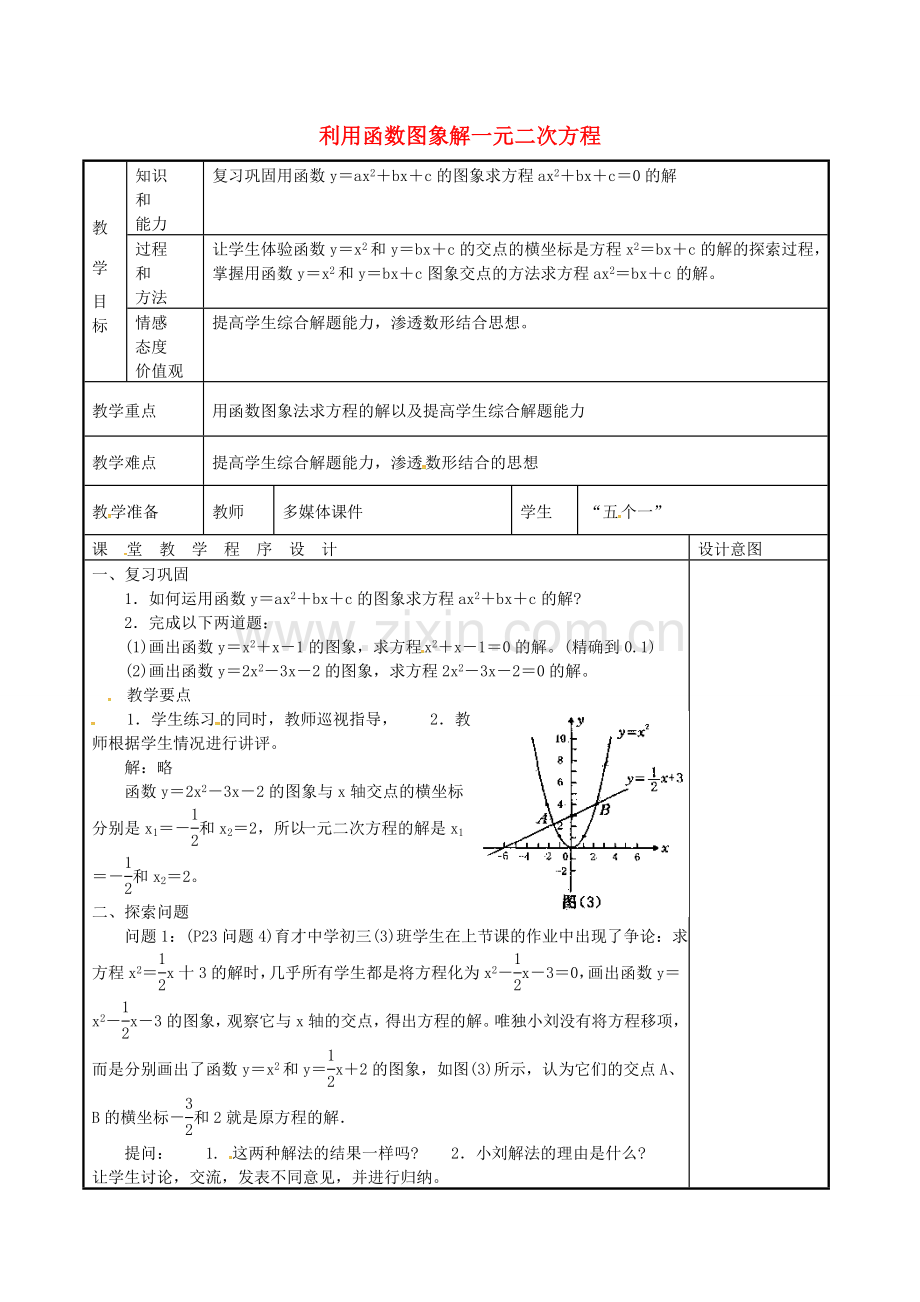 秋九年级数学上册 22.2.2 利用函数图象解一元二次方程教学设计 （新版）新人教版-（新版）新人教版初中九年级上册数学教案.doc_第1页